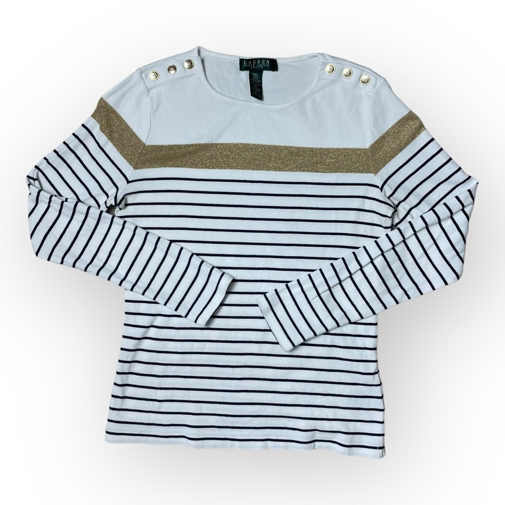 Lauren Ralph Lauren Long Sleeve Top Women Striped Size PM Gold Glitter Button